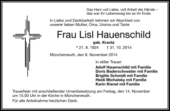 Traueranzeige von Lisl Hauenschild von Frankenpost