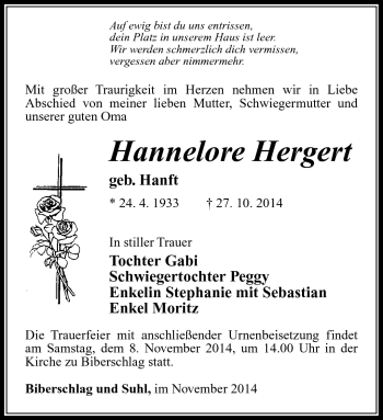 Traueranzeige von Hannelore Hergert von Südthüringer Presse