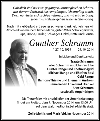 Traueranzeige von Gunther Schramm von Südthüringer Presse