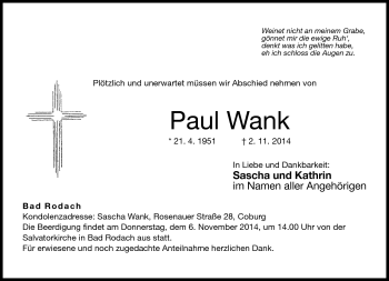 Traueranzeige von Paul1 Wank von Neue Presse Coburg