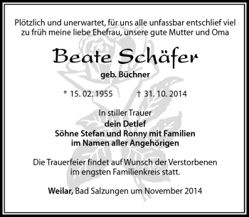 Traueranzeige von Beate Schäfer von Südthüringer Presse