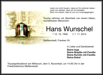 Traueranzeige von Hans Wunschel von Frankenpost