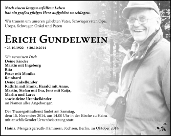 Traueranzeige von Erich Gundelwein von Südthüringer Presse