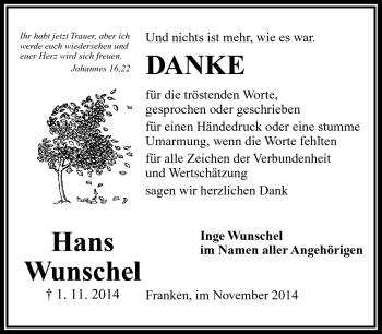 Traueranzeige von Hans Wunschel von Frankenpost