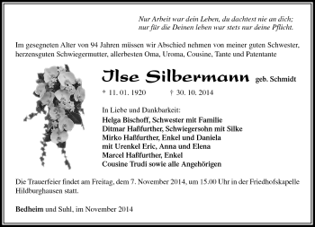 Traueranzeige von Ilse Silbermann von Südthüringer Presse