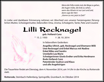 Traueranzeige von Lilli Recknagel von Südthüringer Presse