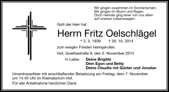 Traueranzeige von Fritz Oelschlägel von Frankenpost