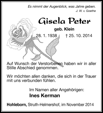 Traueranzeige von Gisela Peter von Südthüringer Presse