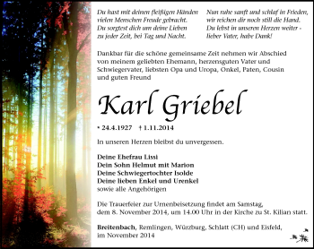 Traueranzeige von Karl Griebel von Südthüringer Presse