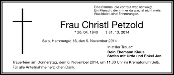 Traueranzeige von Christl Petzold von Frankenpost