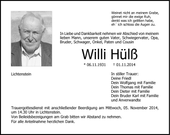 Traueranzeige von Willi Hülß von Neue Presse Coburg