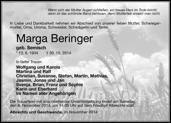 Traueranzeige von Marga Beringer von Südthüringer Presse