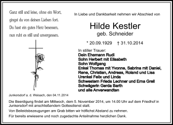 Traueranzeige von Hilde Kestler von Neue Presse Coburg