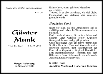 Traueranzeige von Günter Munk von Südthüringer Presse
