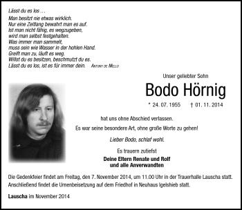 Traueranzeige von Bodo Hörnig von Südthüringer Presse