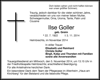 Traueranzeige von Ilse Goller von Frankenpost