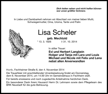 Traueranzeige von Lisa Scheler von Neue Presse Coburg
