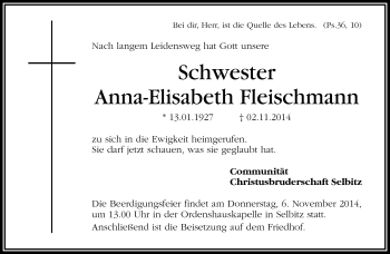 Traueranzeige von Anna-Elisabeth Fleischmann von Frankenpost