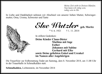 Traueranzeige von Else Wutzler von Südthüringer Presse