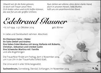 Traueranzeige von Edeltraud Glauner von Südthüringer Presse