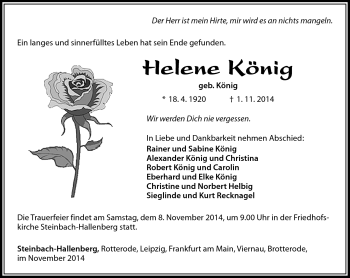 Traueranzeige von helene König von Südthüringer Presse
