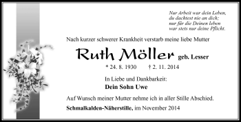 Traueranzeige von Ruth Möller von Südthüringer Presse