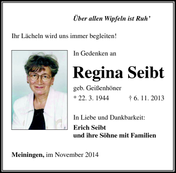 Traueranzeige von Regina Seibt von Südthüringer Presse