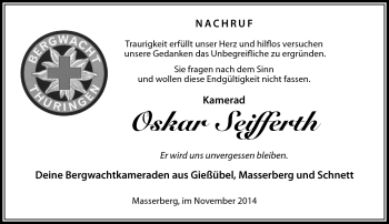 Traueranzeige von Oskar Seifferth von Südthüringer Presse