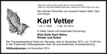 Traueranzeige von Karl Vetter von Südthüringer Presse