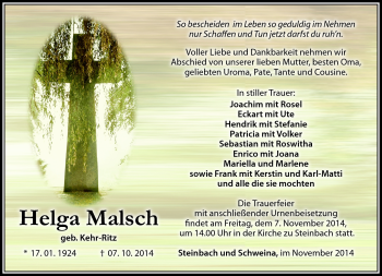 Traueranzeige von Helga Malsch von Südthüringer Presse