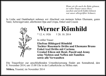 Traueranzeige von Werner Römhild von Südthüringer Presse