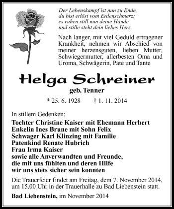 Traueranzeige von Helga Schreiner von Südthüringer Presse