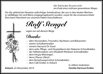 Traueranzeige von Rolf Stengel von Südthüringer Presse