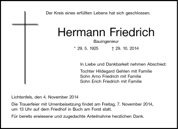Traueranzeige von Hermann Friedrich von Neue Presse Coburg