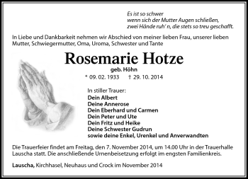 Traueranzeige von Rosemarie Hotze von Südthüringer Presse