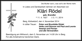 Traueranzeige von Kläri Rödel von Frankenpost