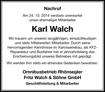 Traueranzeige von Karl Walch von Südthüringer Presse