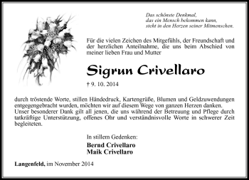 Traueranzeige von Sigrun Crivellaro von Südthüringer Presse