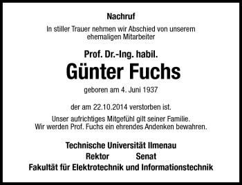 Traueranzeige von Günter Fuchs von Südthüringer Presse