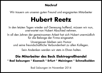 Traueranzeige von Hubert Reetz von Südthüringer Presse