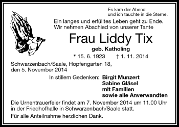 Traueranzeige von Liddy Tix von Frankenpost