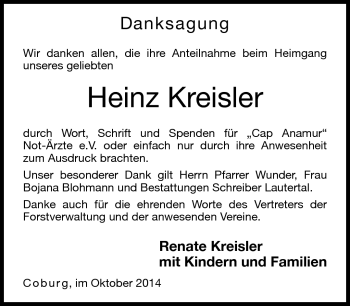 Traueranzeige von Heinz Kreisler von Neue Presse Coburg