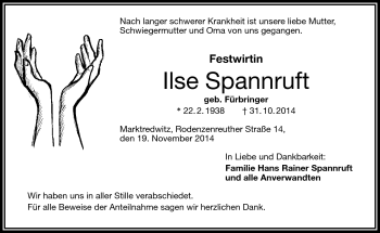 Traueranzeige von Ilse Spannruft von Frankenpost