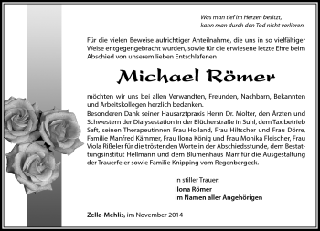 Traueranzeige von Michael Römer von Südthüringer Presse