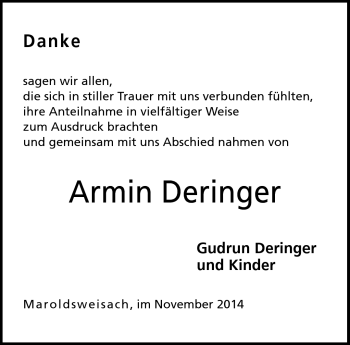 Traueranzeige von Armin Deringer von Neue Presse Coburg