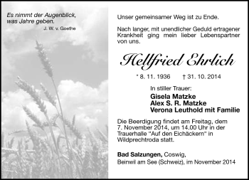 Traueranzeige von Hellfried Ehrlich von Südthüringer Presse