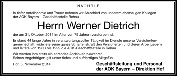 Traueranzeige von Werner Dietrich von Frankenpost