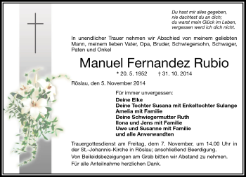 Traueranzeige von Manuel Fernandez Rubio von Frankenpost