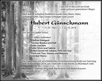 Traueranzeige von Hubert Günschmann von Südthüringer Presse