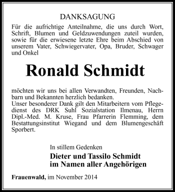 Traueranzeige von Ronald Schmidt von Südthüringer Presse
